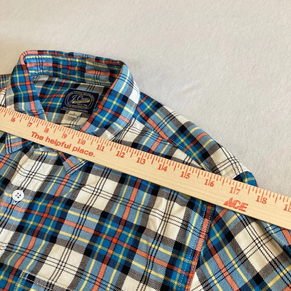 J. Crew Sportsman Mens Large Plaid Flannel Shirt Blue Orange Button Up Preppy
